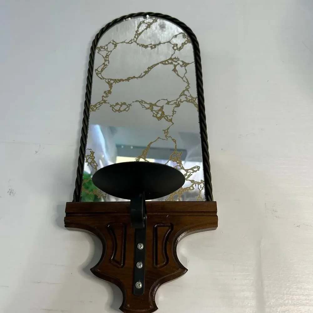 Vintage Homco Mirrored Candle Wall Sconce Gold Vein Wood Base